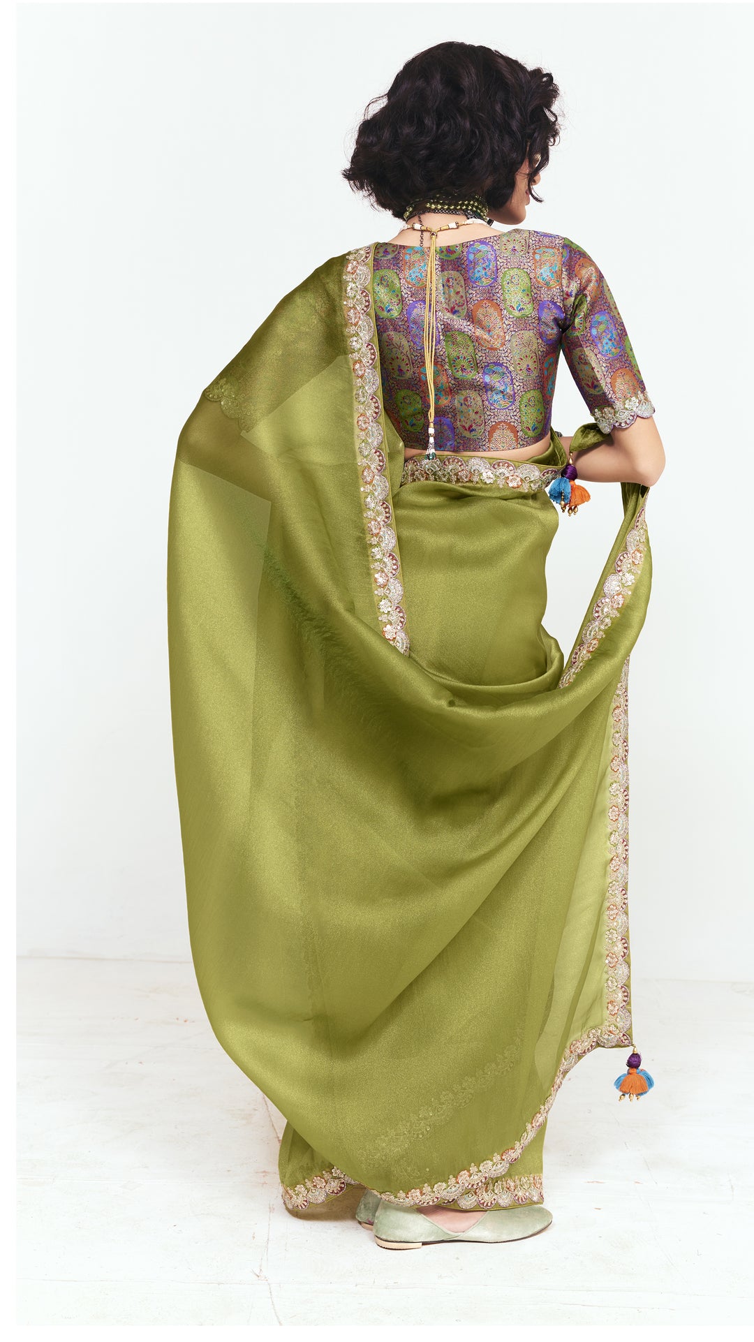 Olive Green Georgette Saree with Embroidered Border