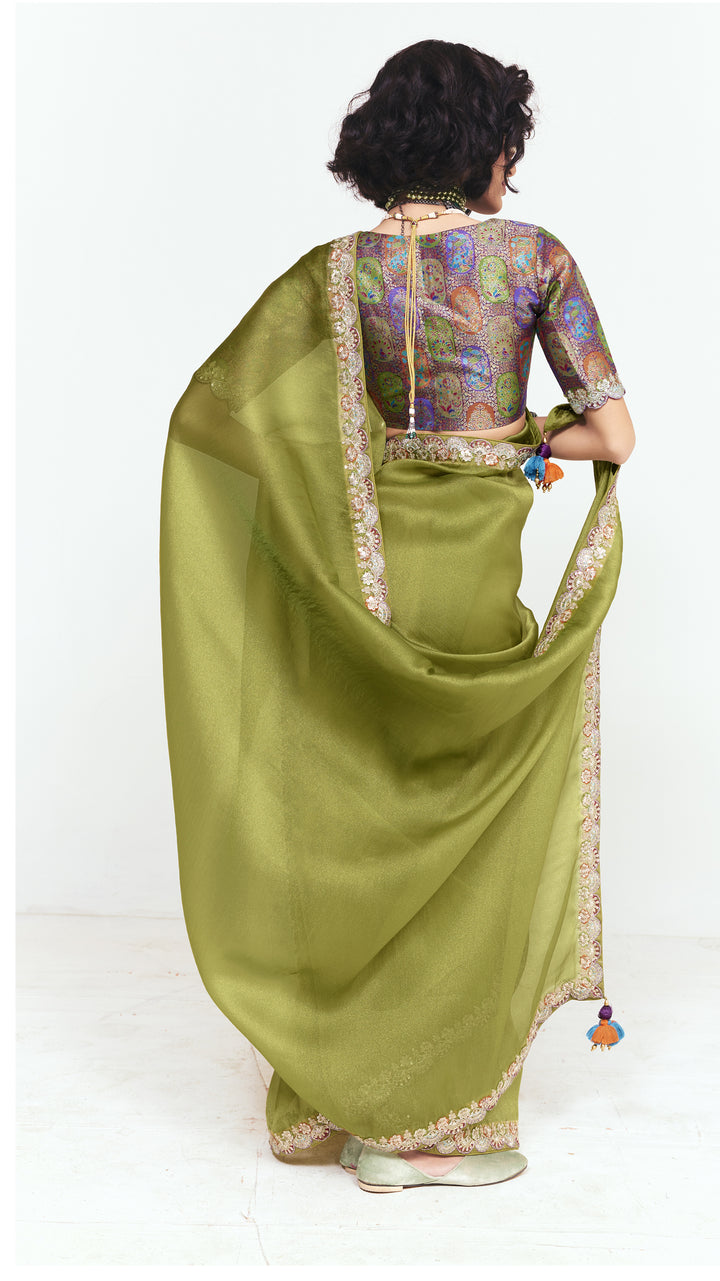 Olive Green Georgette Saree with Embroidered Border