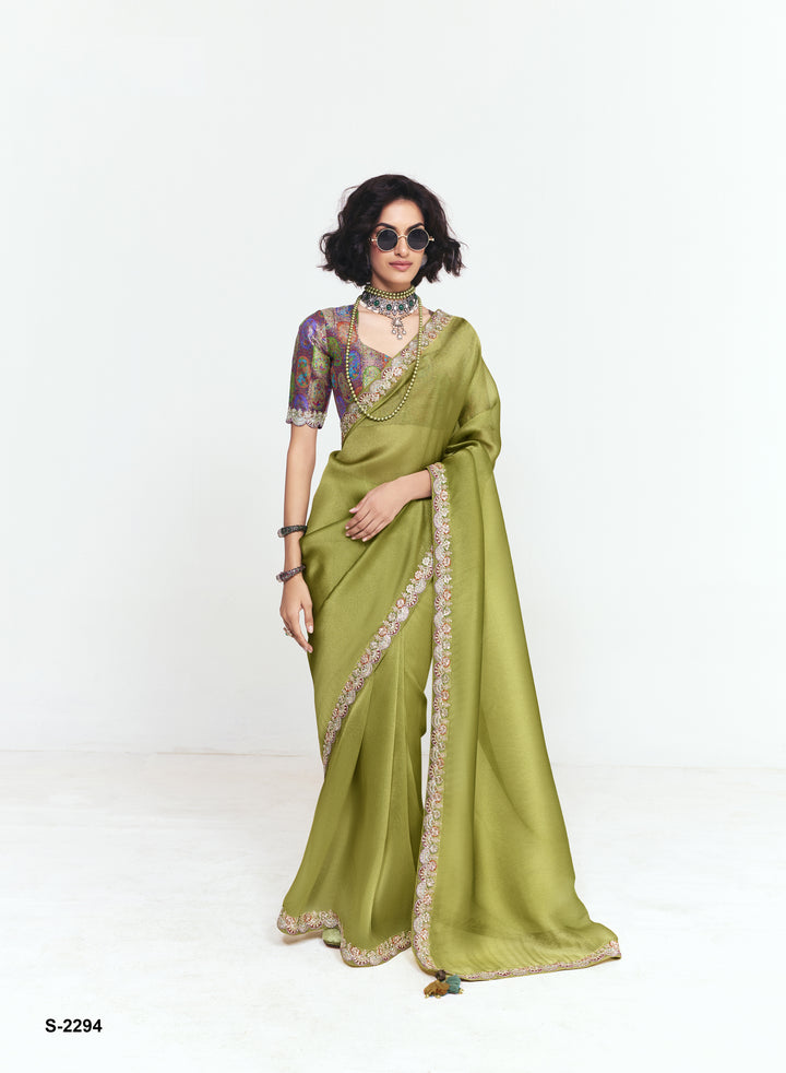 Olive Green Georgette Saree with Embroidered Border