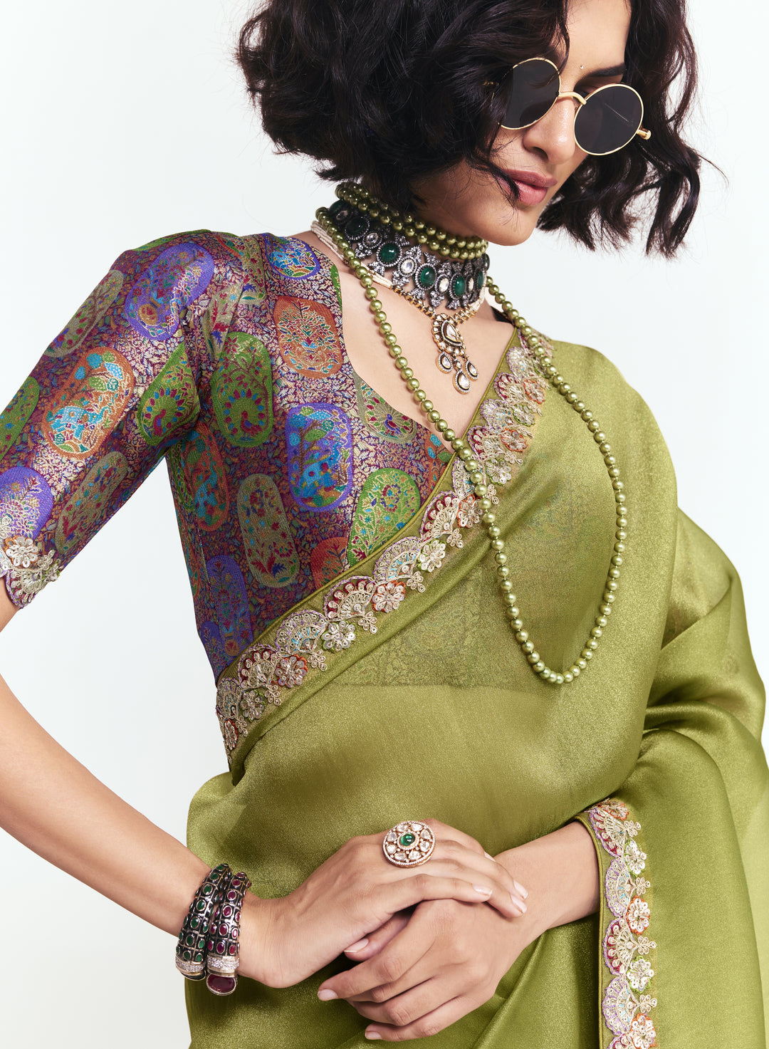 Olive Green Georgette Saree with Embroidered Border