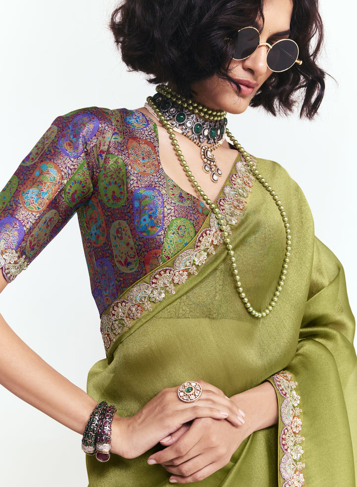 Olive Green Georgette Saree with Embroidered Border