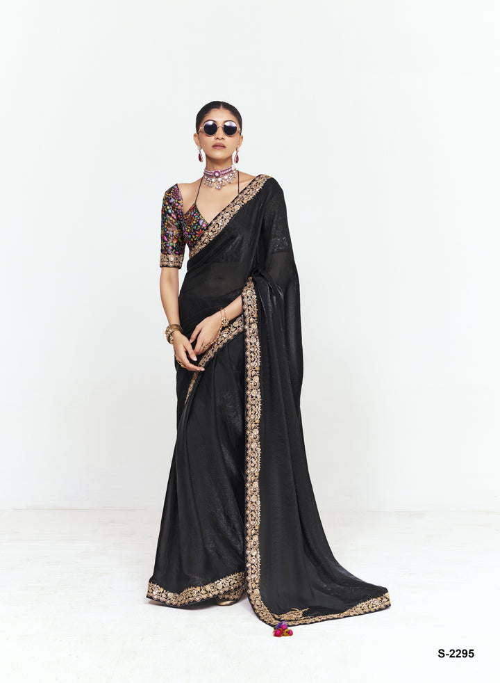 Classic Black Georgette Saree with Heavy Embroidered Border