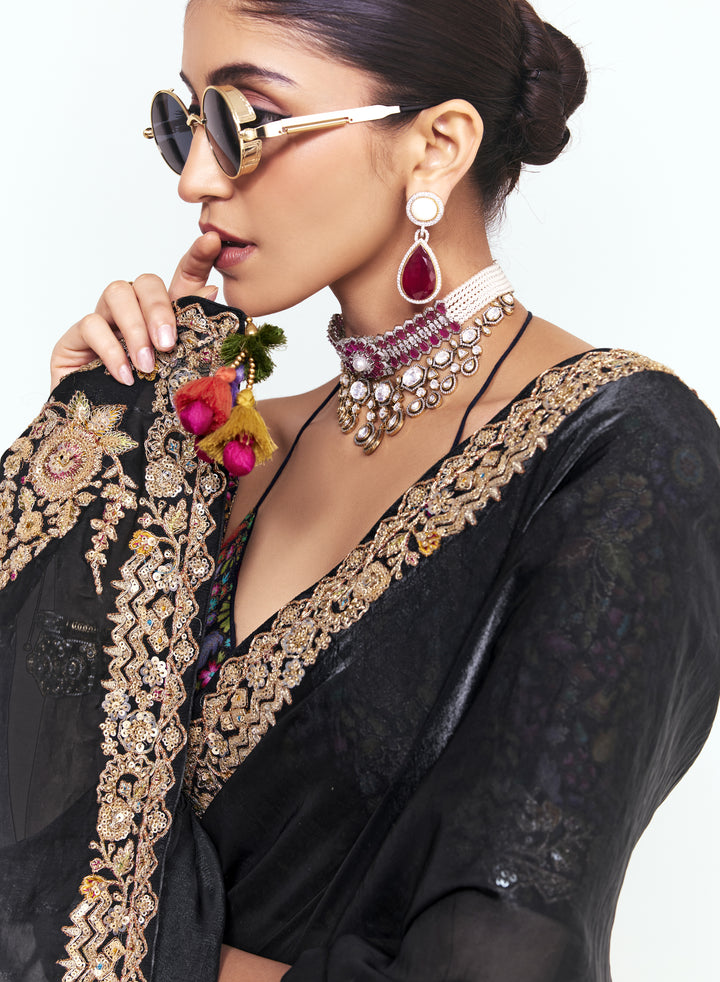 Classic Black Georgette Saree with Heavy Embroidered Border