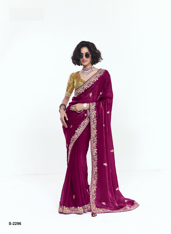Wine Georgette Saree with Heavy Embroidered Border & Designer Blouse