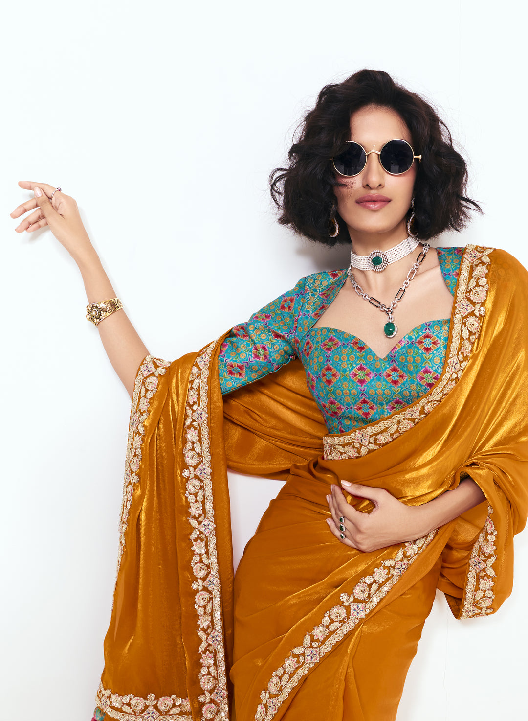 Mustard Satin Saree with Embroidered Border & Designer Blouse