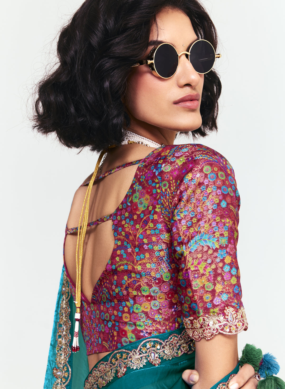 Teal Satin Saree with Embroidered Border & Designer Blouse