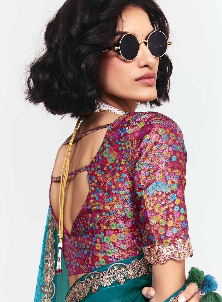 Teal Satin Saree with Embroidered Border & Designer Blouse