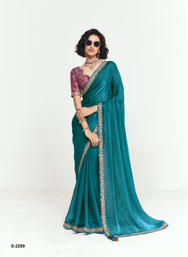 Teal Satin Saree with Embroidered Border & Designer Blouse