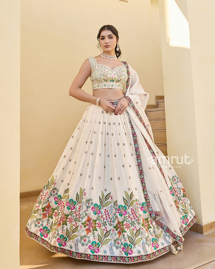 Cream Floral Embroidered Lehenga Choli with Matching Dupatta