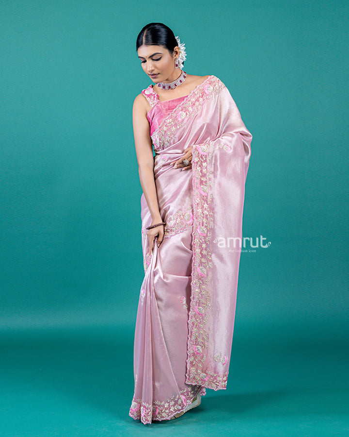 Light Pink Organza Saree With Floral-Detail Embellished Border and Unstitched Blouse