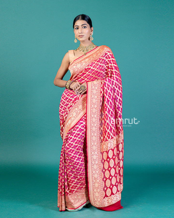 Red and Pink Zari Woven & Bandhej Floral Motifs Saree with Unstitched Blouse