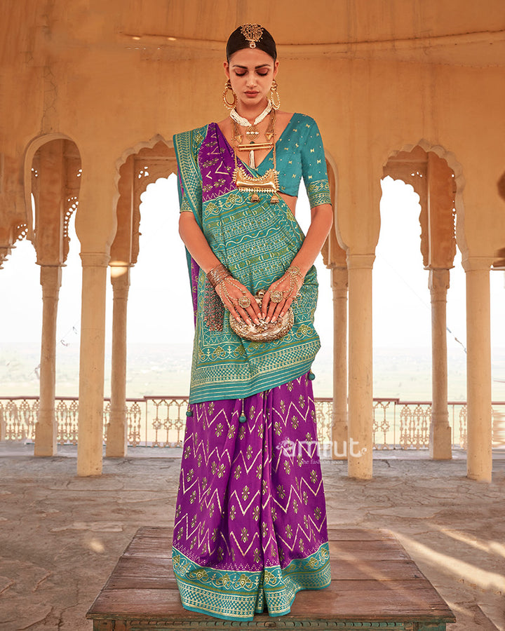 Purple Ikat Printed and Sea Green Contrast Border Patola Silk Saree with Unstitched Blouse