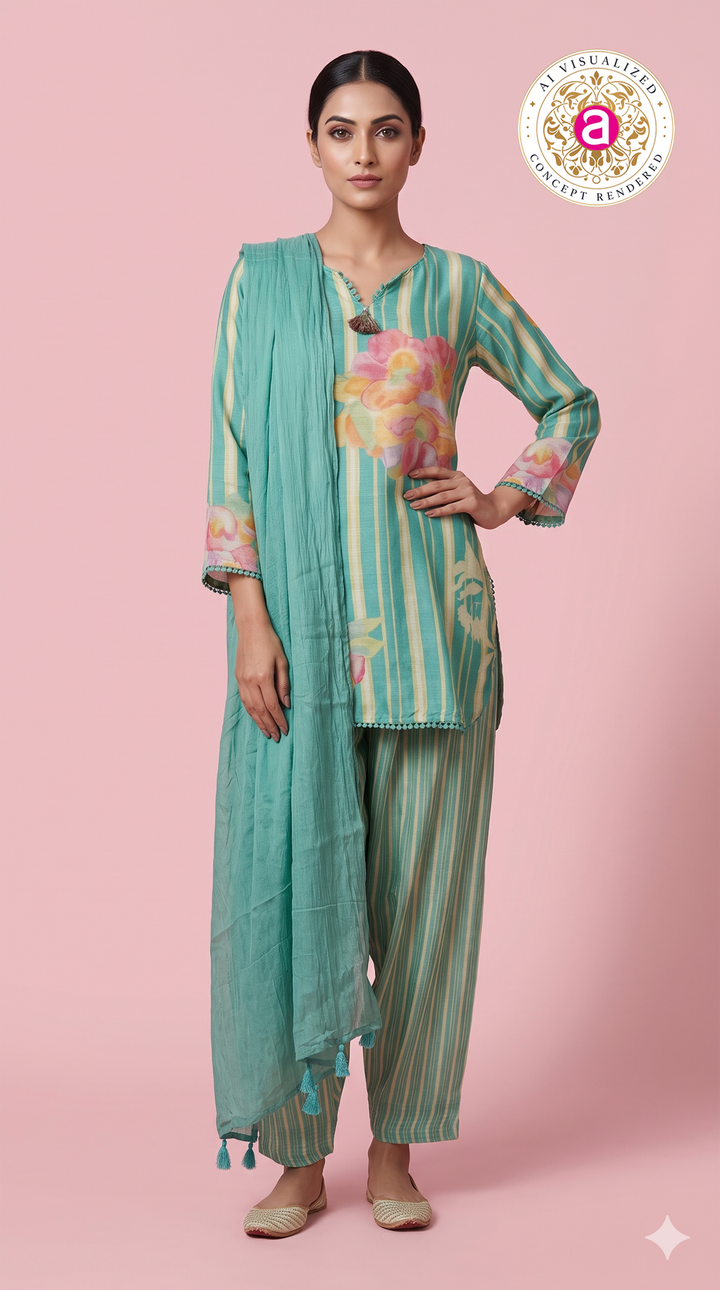 Aqua Blue Floral Printed Straight Kurta Set with Dupatta