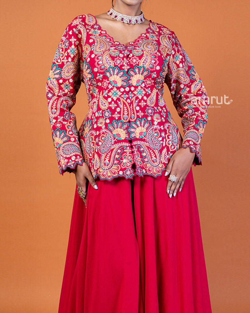 Rosy Red Embroidered Plum Top with Flowing Sharara Pants