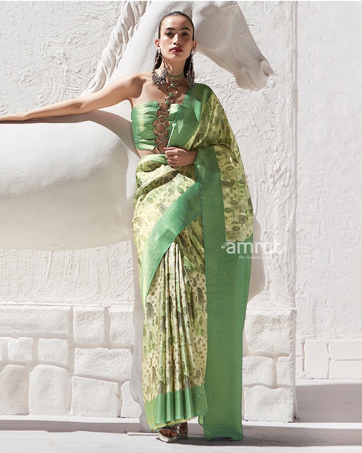 Green Floral-Print Pastel Yellow Silk Saree with Unstitched Blouse