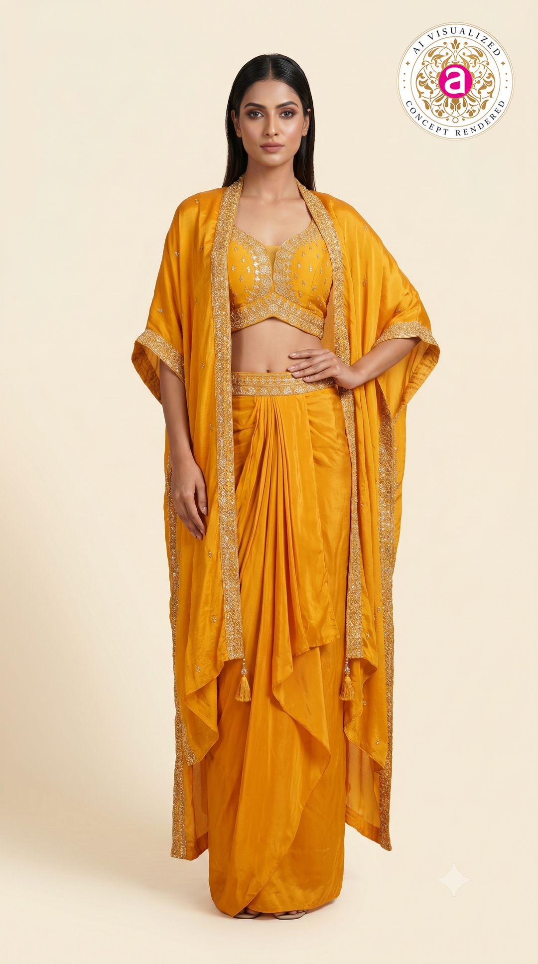 Mustard Yellow Embellished Dhoti Skirt Set with Cape