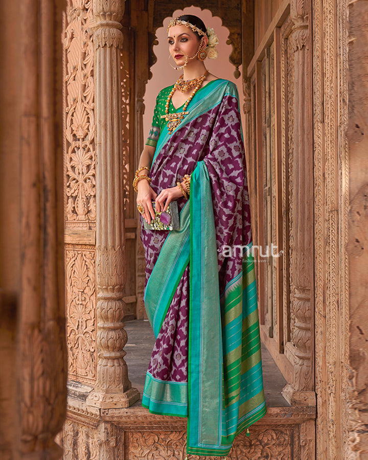 Purple Patola Silk Saree with Foil Print & Teal Green Border with Unstitched Blouse