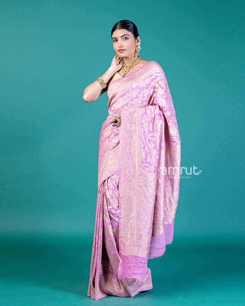 Light Purple Saree with Intricate Silver Zari Floral & Paisley Work and Unstitched Blouse