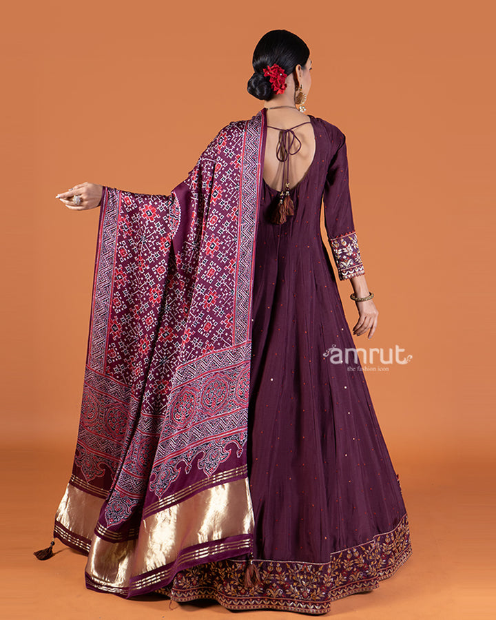 Wine Anarkali Featuring Sequin Buti Embellishments and Printed Dupatta