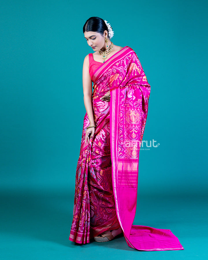 Magenta Pink Ikat Print Patola Saree with Unstitched Blouse