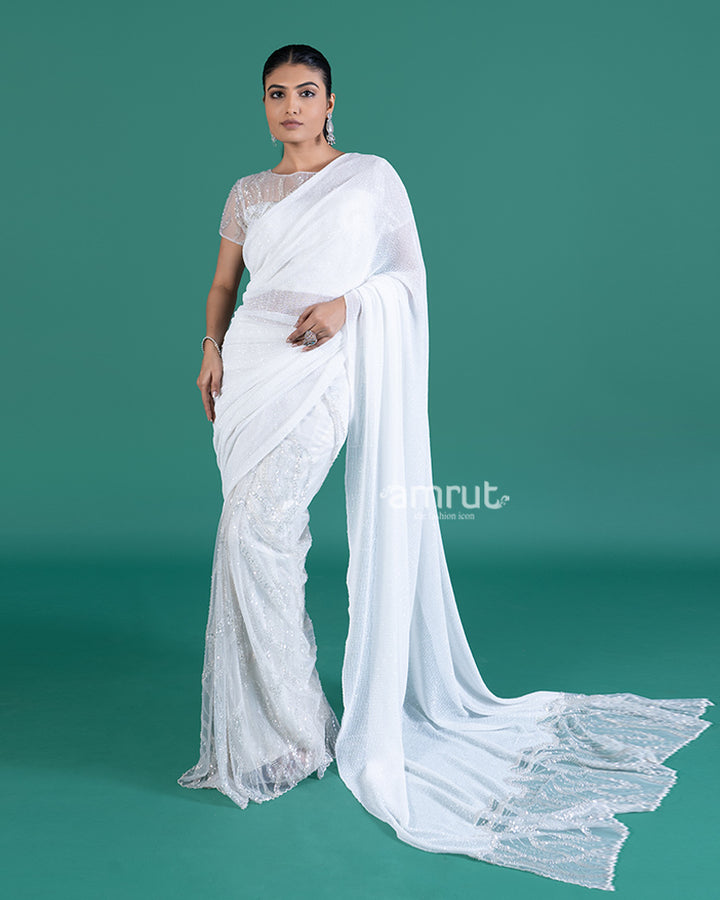 White with Sparkling Sequins Saree and Embellished Cropped Blouse
