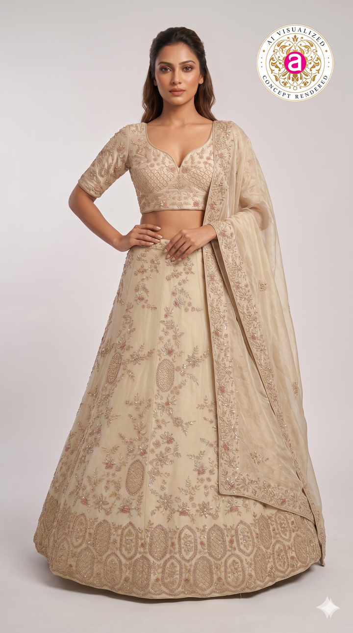 Champagne Beige Designer Embroidered Lehenga Set with Organza Dupatta