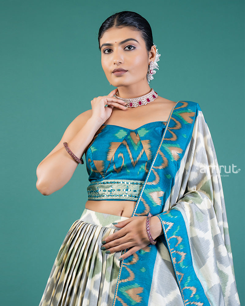 Teal-and cream Geometric Print Lehenga Choli & Dupatta