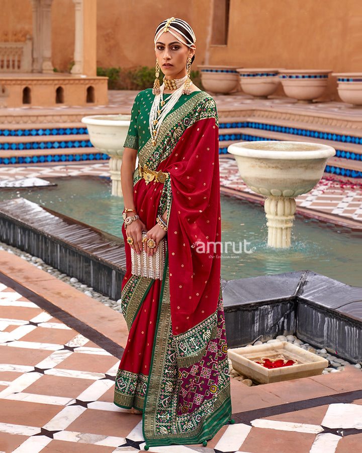 Red Zari Weaving Green Border Saree in Patola Silk with Unstitched Blouse