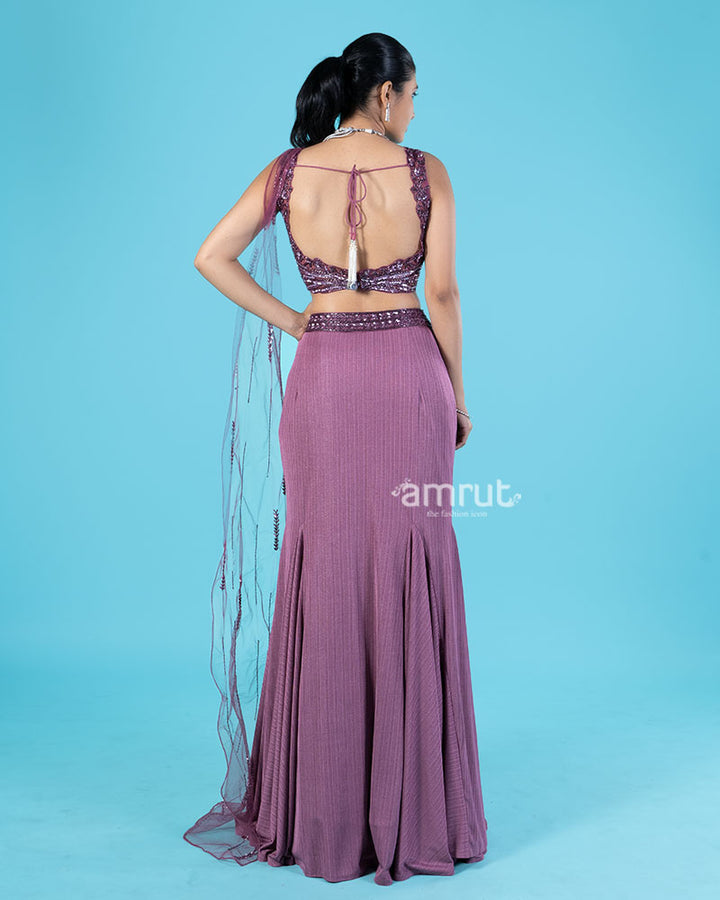 Violet Draped Skirt with Crop Top and Attached Flare Dupatta at One Side