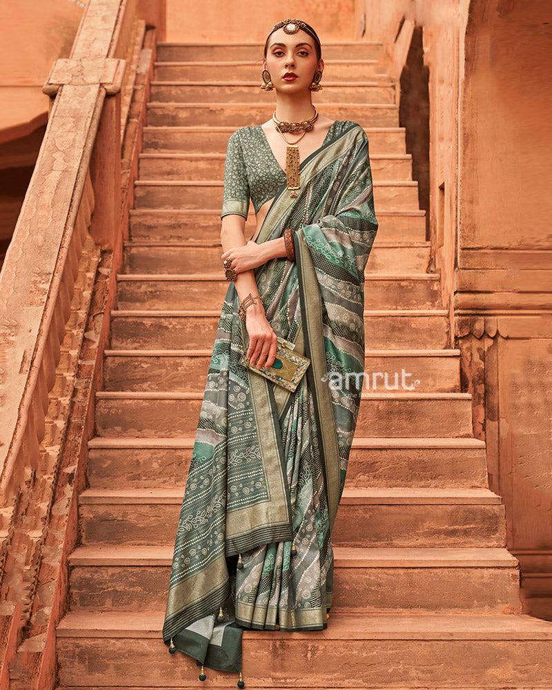 Sea Green Zari Weaving Silk Saree with Unstitched Blouse