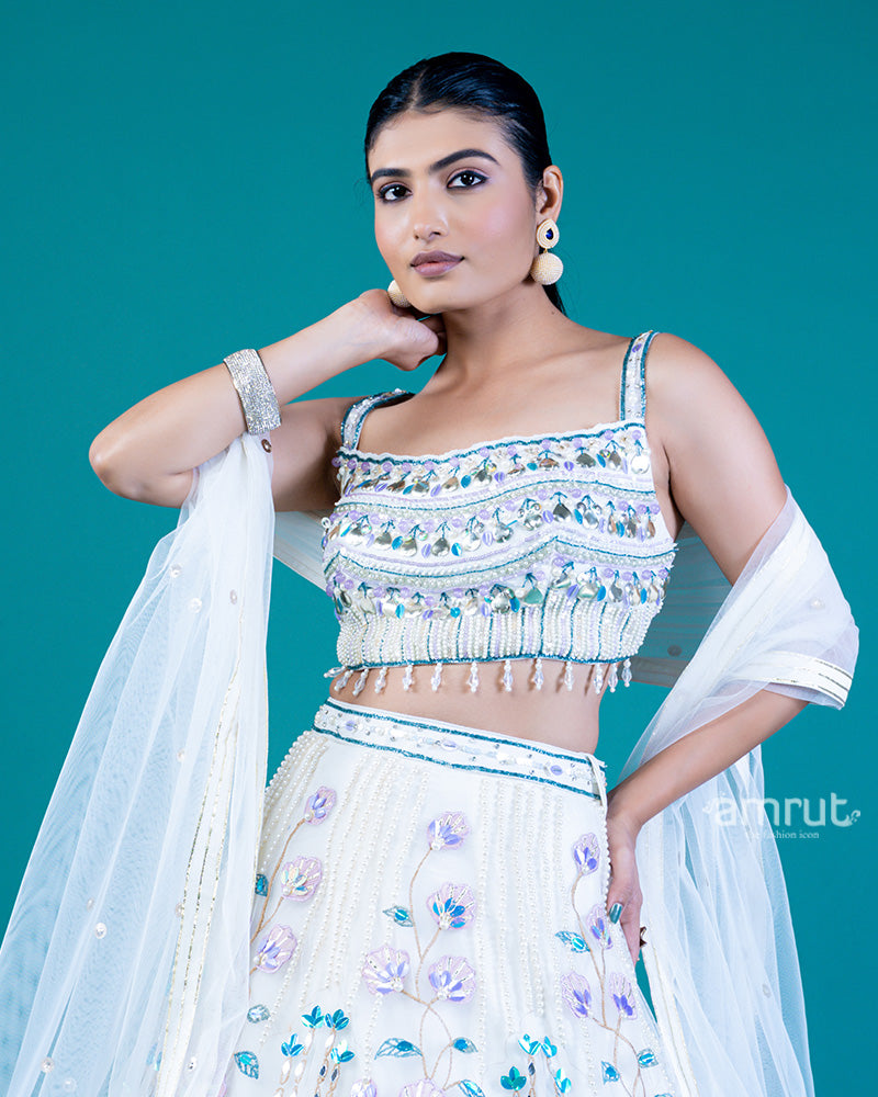 Embellished White Lehenga with Floral Embroidery and Sheer Off-White Dupatta