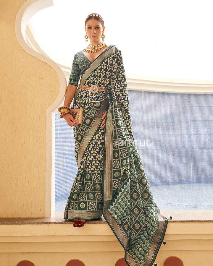 Green & Cream Geometric Printed Embellished Zari Border Silk Saree with Unstitched Blouse