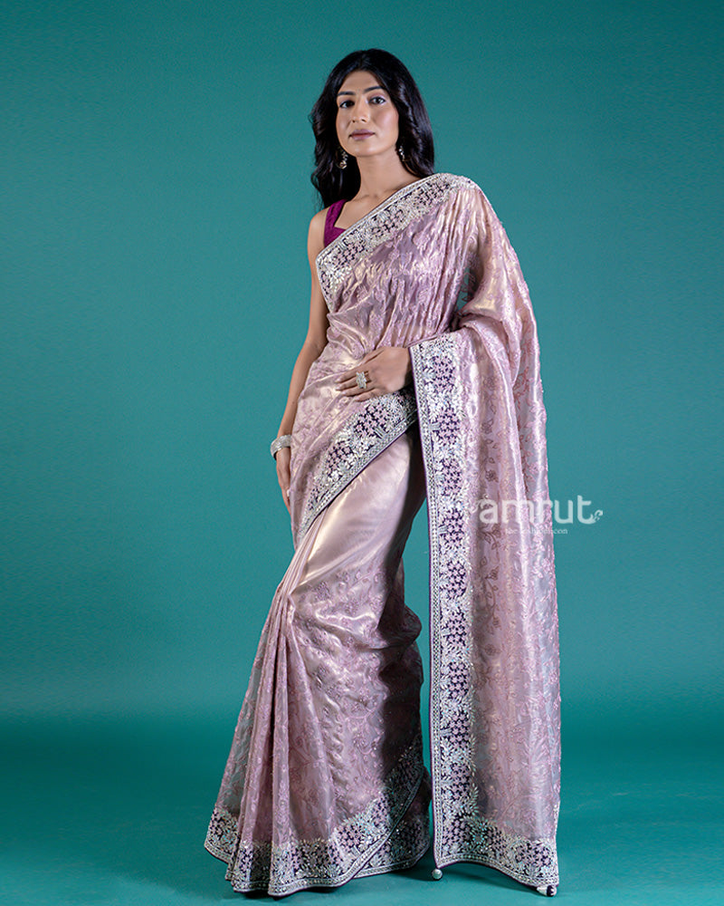 Light Purple Saree with Intricate Border Detailing and Unstitched Blouse