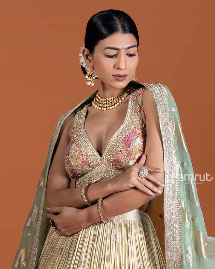 Beige Cream Embroidered Lehenga with Floral Choli and Green Dupatta