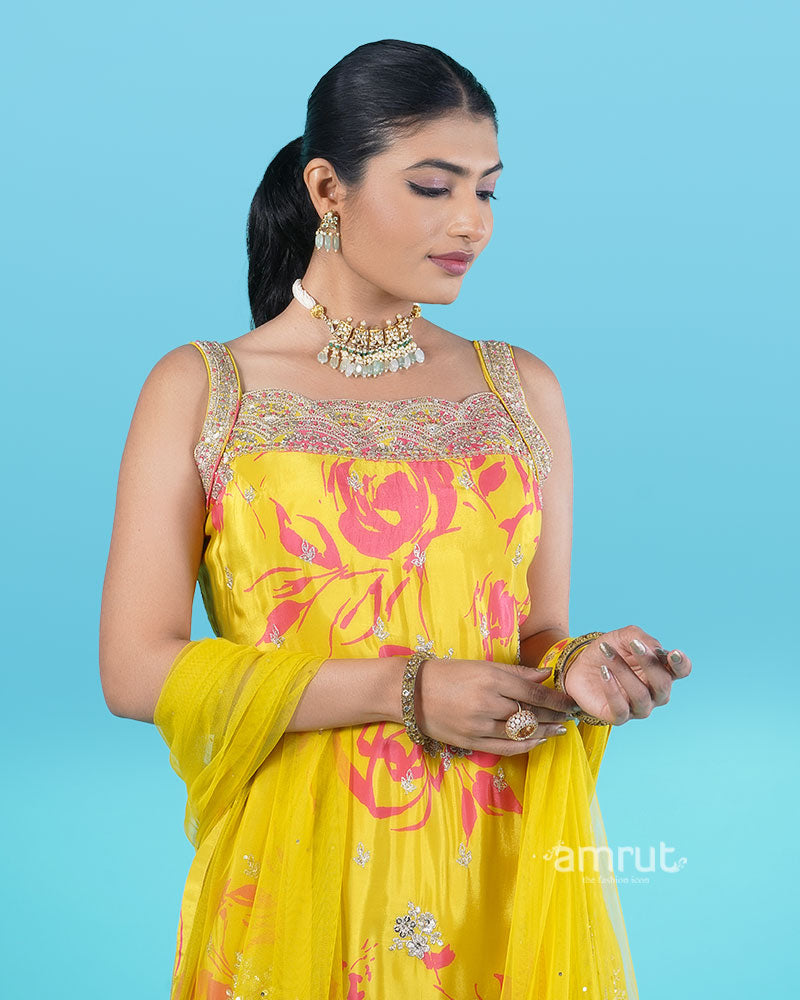 Yellow Floral Print with Beaded Embellished Salwar Kameez with Dupatta