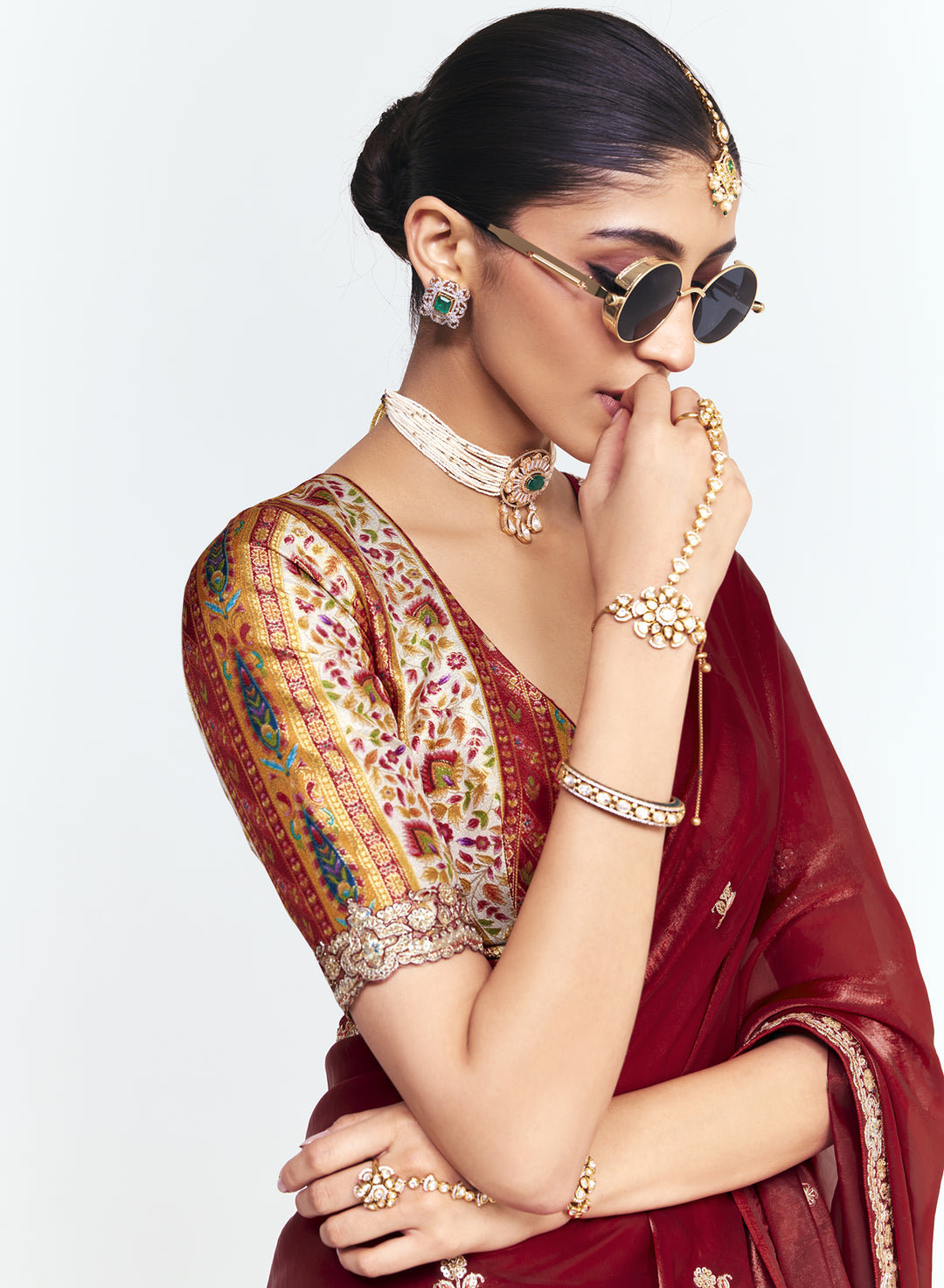Wine Red Satin Saree with Embroidered Border & Designer Blouse