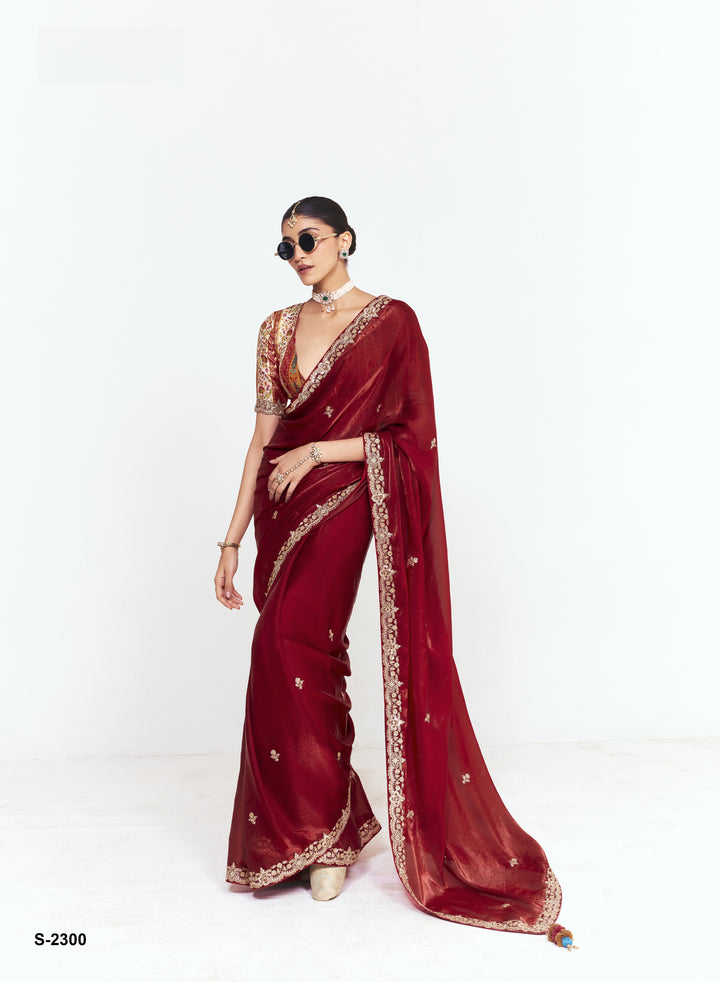 Wine Red Satin Saree with Embroidered Border & Designer Blouse