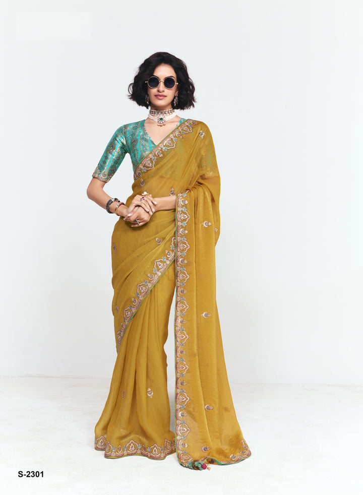 Mustard Georgette Saree with Embroidered Border & Designer Blouse