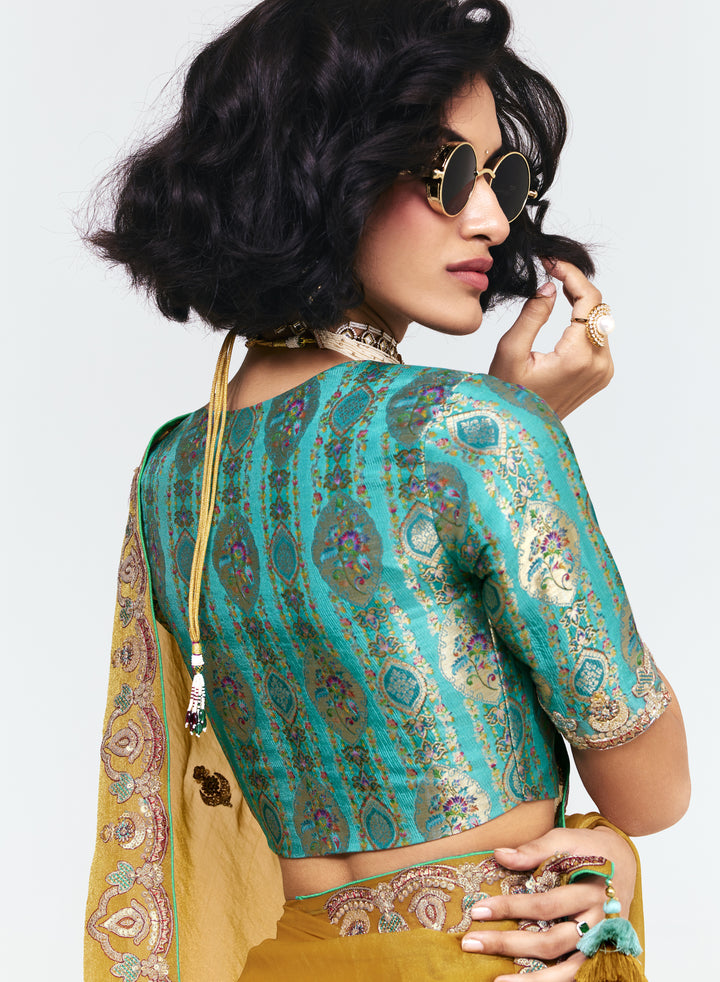 Mustard Georgette Saree with Embroidered Border & Designer Blouse