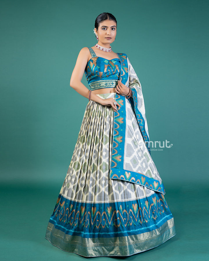 Teal-and cream Geometric Print Lehenga Choli & Dupatta