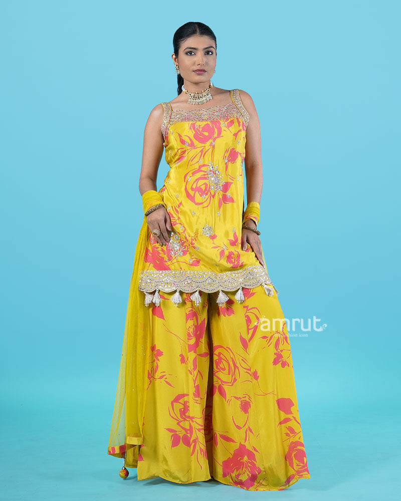 Yellow Floral Print with Beaded Embellished Salwar Kameez with Dupatta