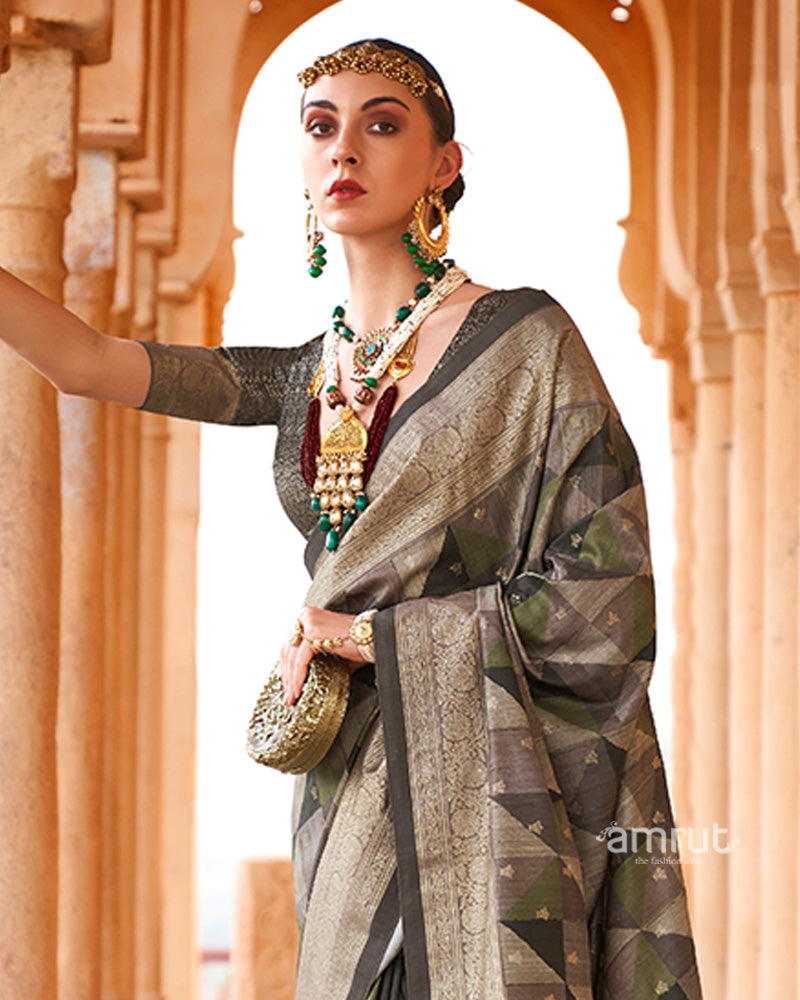 Green Multicolor Zari Embellished Silk Saree with Unstitched Blouse