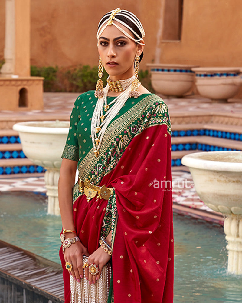 Red Zari Weaving Green Border Saree in Patola Silk with Unstitched Blouse