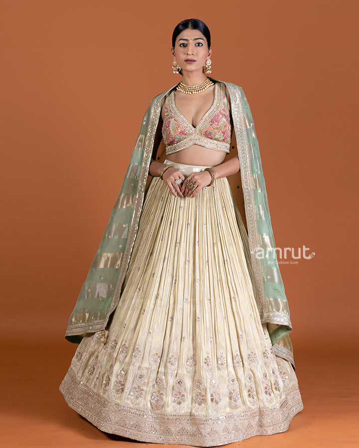 Beige Cream Embroidered Lehenga with Floral Choli and Green Dupatta