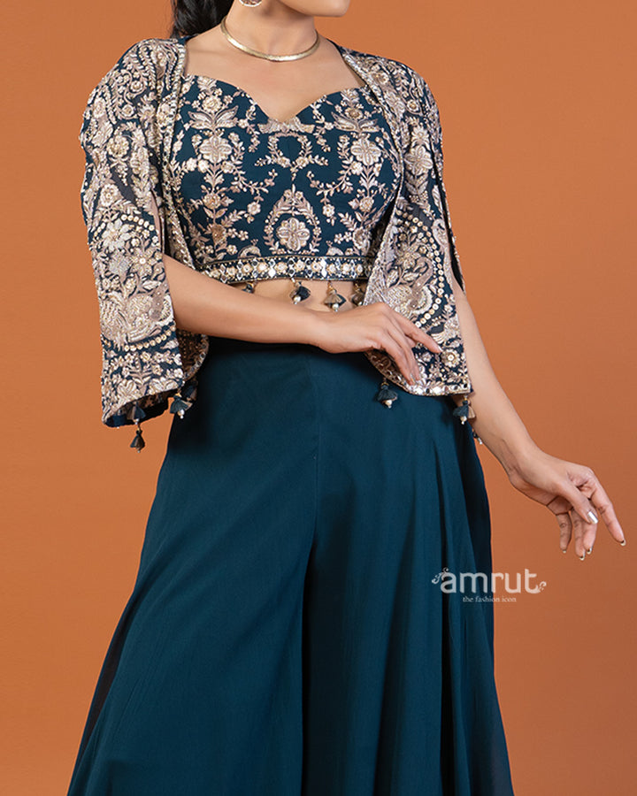 Deep Blue Embroidered Crop Top and Jacket with Palazzo Set