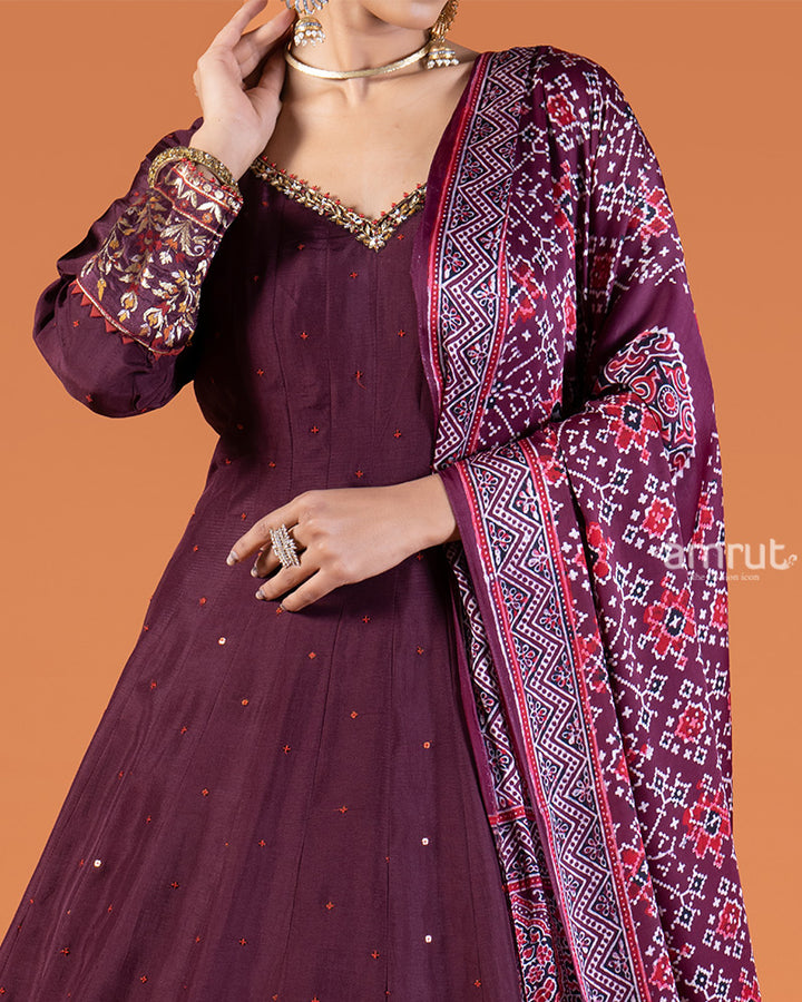 Wine Anarkali Featuring Sequin Buti Embellishments and Printed Dupatta