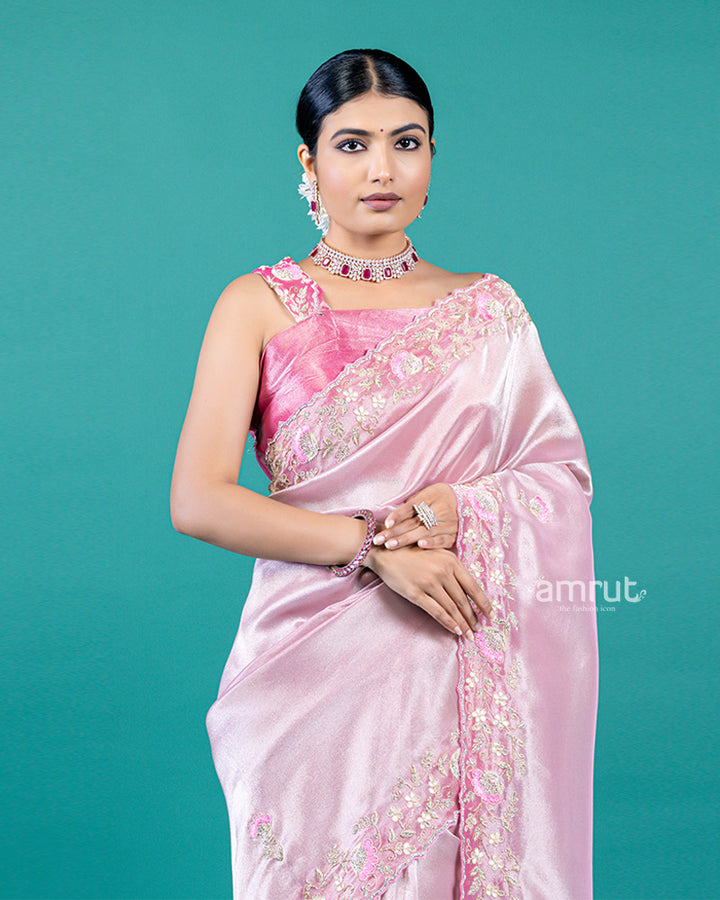 Light Pink Organza Saree With Floral-Detail Embellished Border and Unstitched Blouse