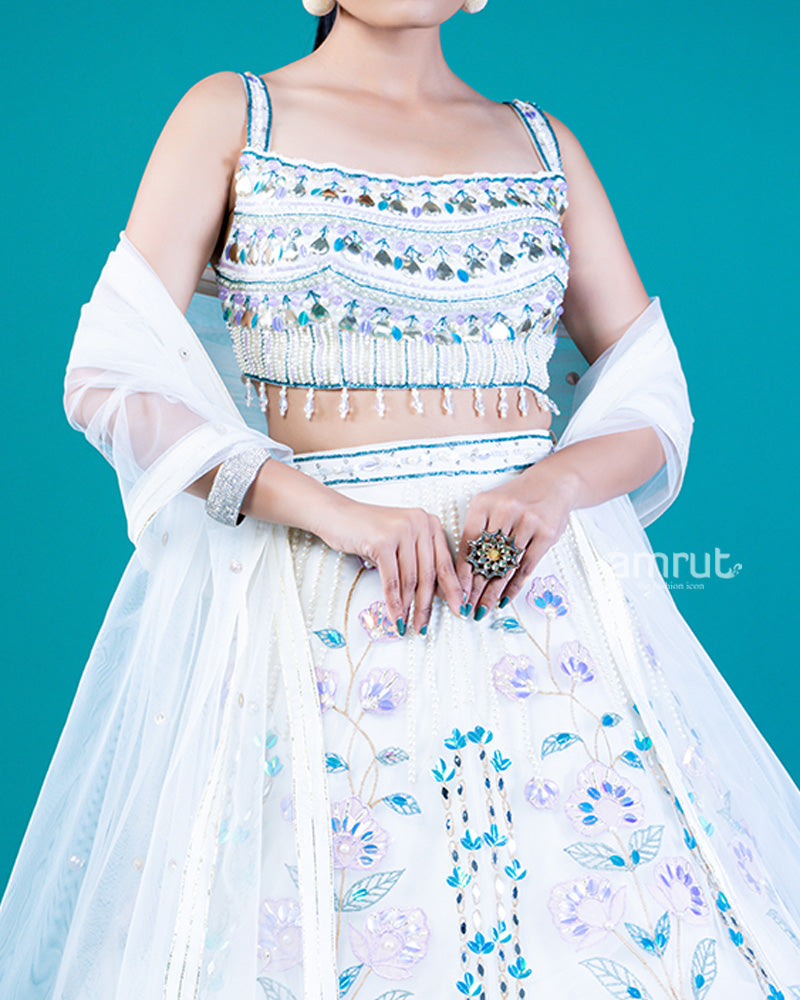 Embellished White Lehenga with Floral Embroidery and Sheer Off-White Dupatta