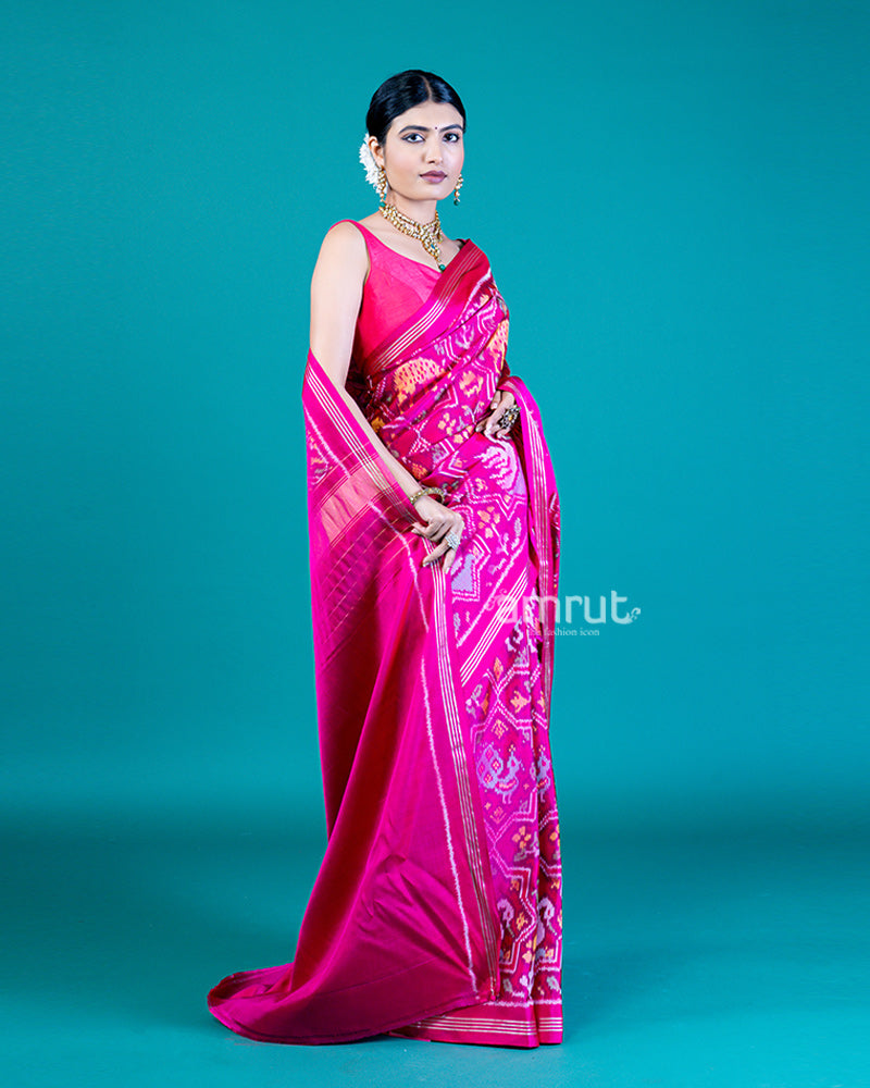 Magenta Pink Ikat Print Patola Saree with Unstitched Blouse