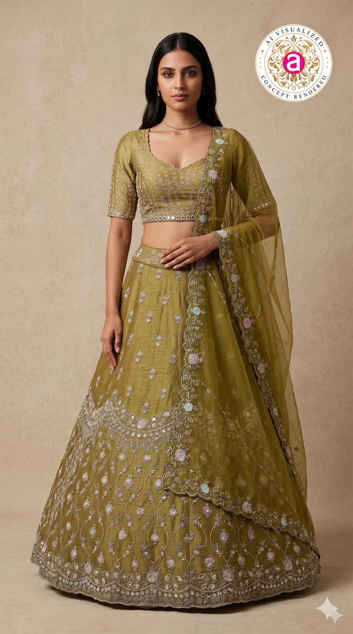 Olive Green Embroidered Designer Lehenga Set with Organza Dupatta